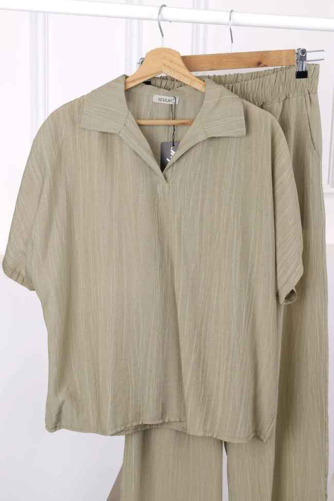 Açık Haki Düşük Omuz Gömlek Pantolonlu Keten Takım