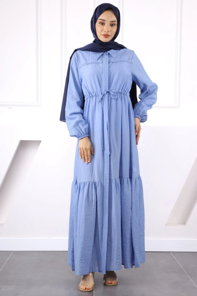 Açık Mavi Bel Bağlamalı Dantelli Elbise