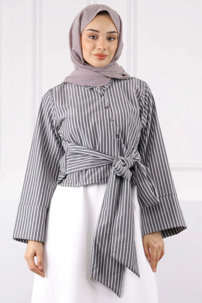 Antrasit Bel Bağlamalı Crop Gömlek