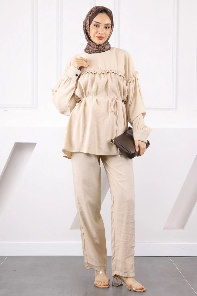 Bej Beli İpli Tunik Pantolonlu Modal Takım