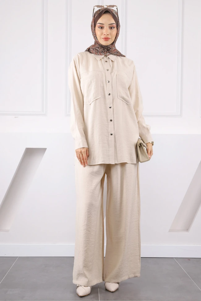 Bej Cepli Modal Tunik Pantolonlu Takım