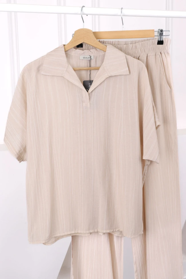 Bej Düşük Omuz Gömlek Pantolonlu Keten Takım