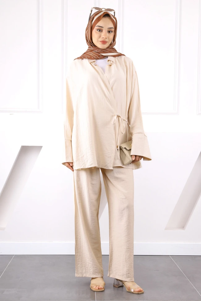 Bej Kimono Modal Pantolonlu Takım