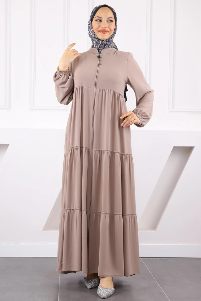 Bej Kol Lastikli Katlı Ferace