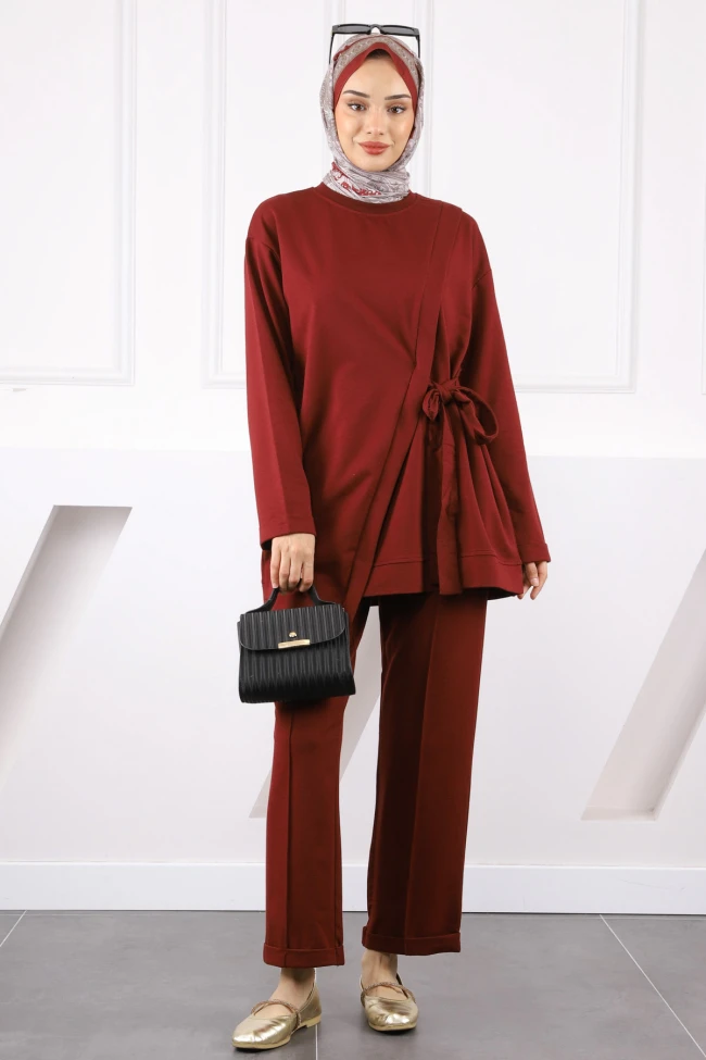 Bordo Asimetrik Detaylı Tunik PantolonluTakım