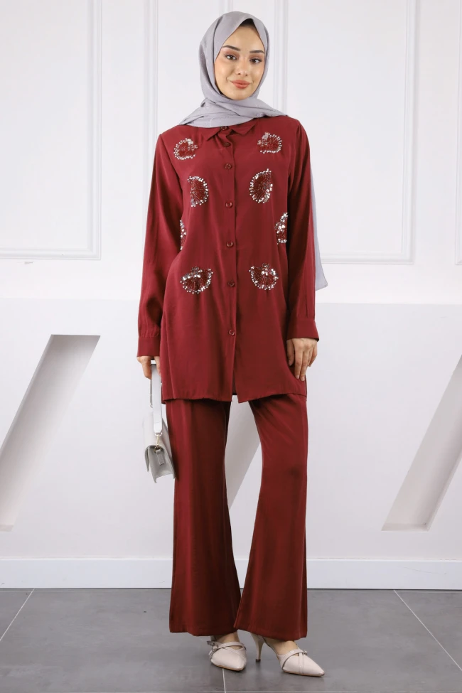 Bordo Boncuk İşlemeli Tunik Pantolonlu Takım