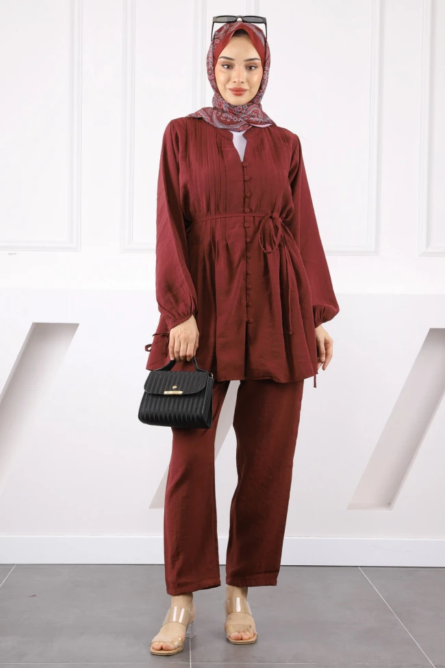 Bordo Nervürlü Tunik Pantolonlu Takım