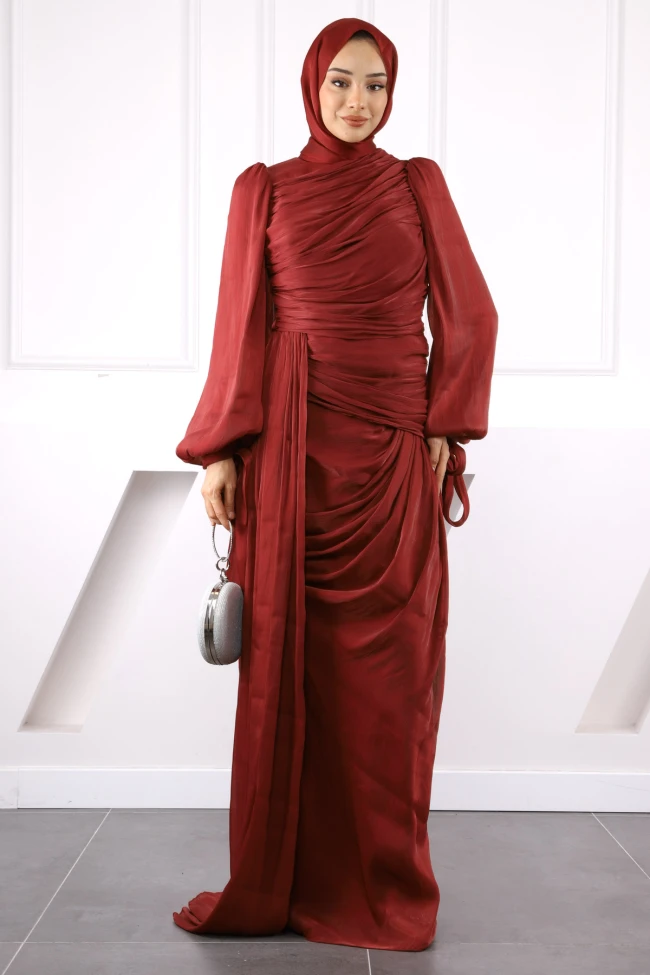 Bordo Önü Büzgülü Şifon abiye