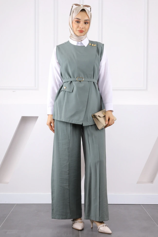 Çağla Bel Kemerli Yelek Pantolonlu Takım