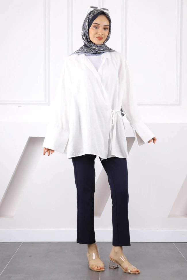 Ekru Yandan Bağlamalı Kimono