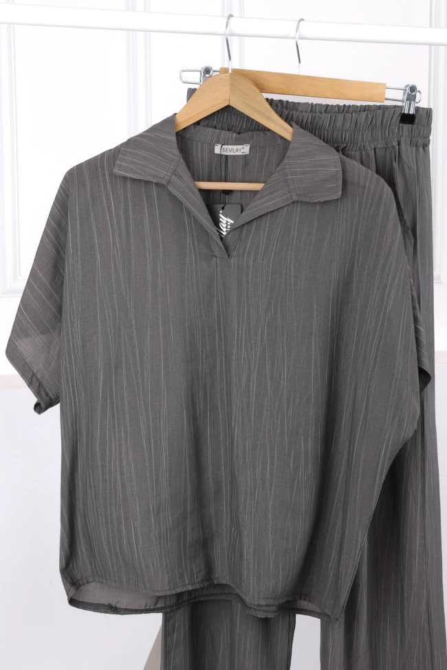 Füme Düşük Omuz Gömlek Pantolonlu Keten Takım