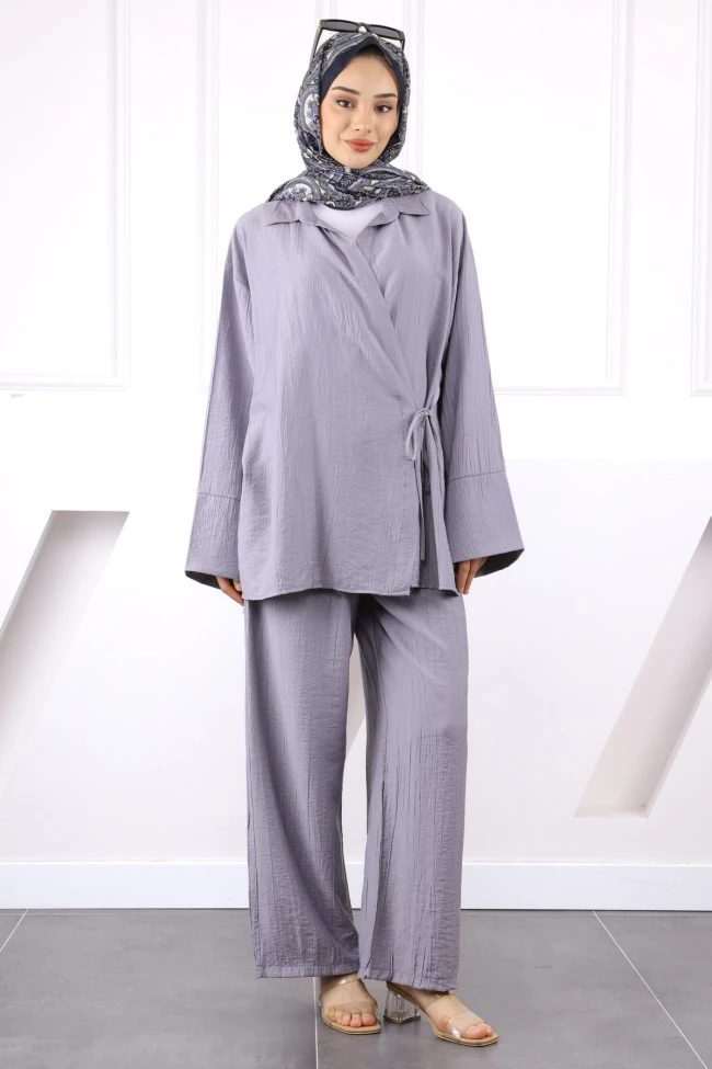 Gri Kimono Modal Pantolonlu Takım