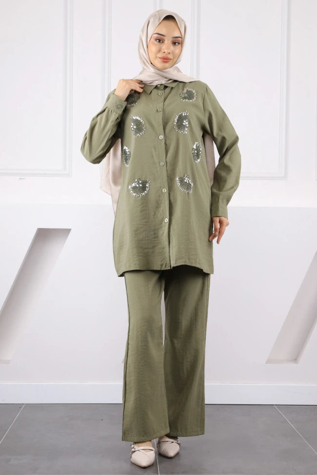Haki Boncuk İşlemeli Tunik Pantolonlu Takım
