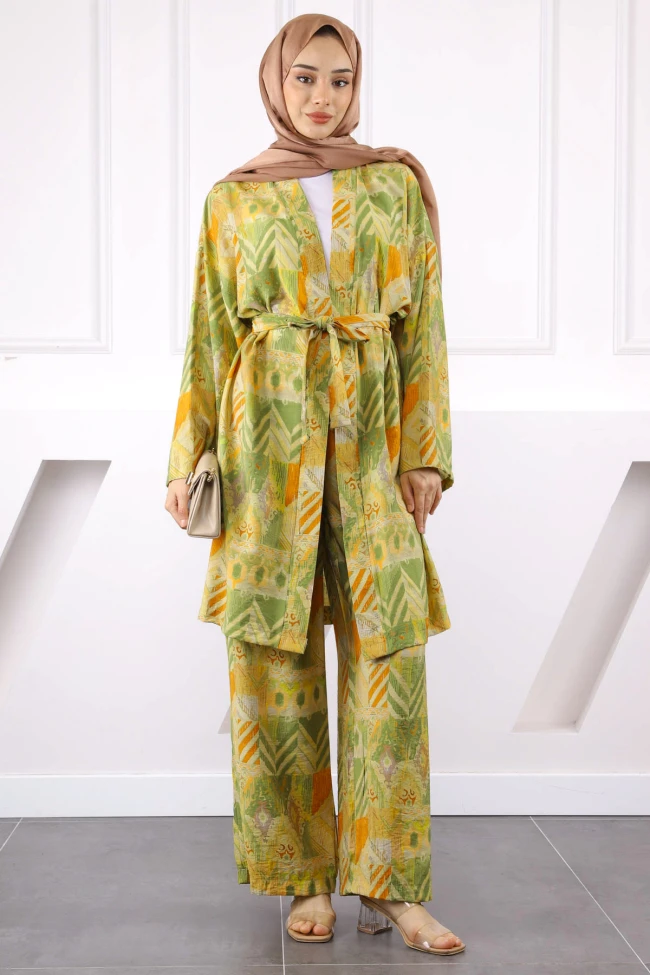 Haki Desenli Kimono Pantolonlu Takım
