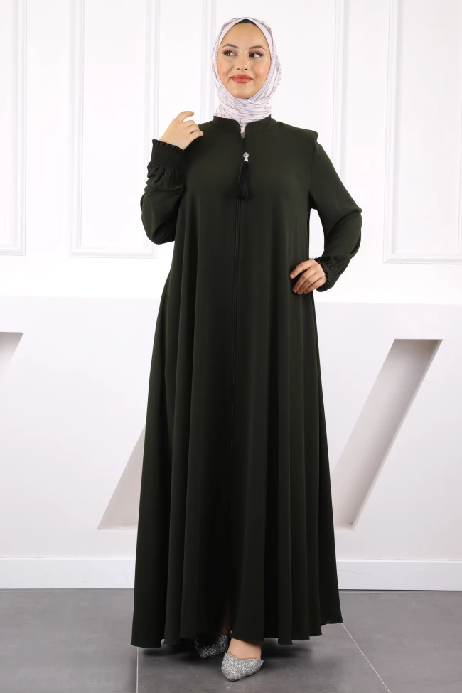 Haki Kol Lastikli Fermuarlı Ferace