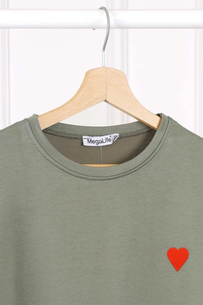 Haki Nakışlı Kısa Kol Modal T-Shirt