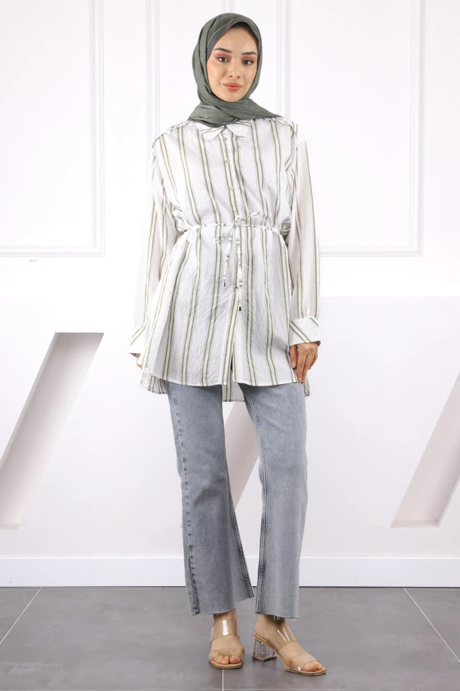Haki Taş Detaylı Çizgili Tunik