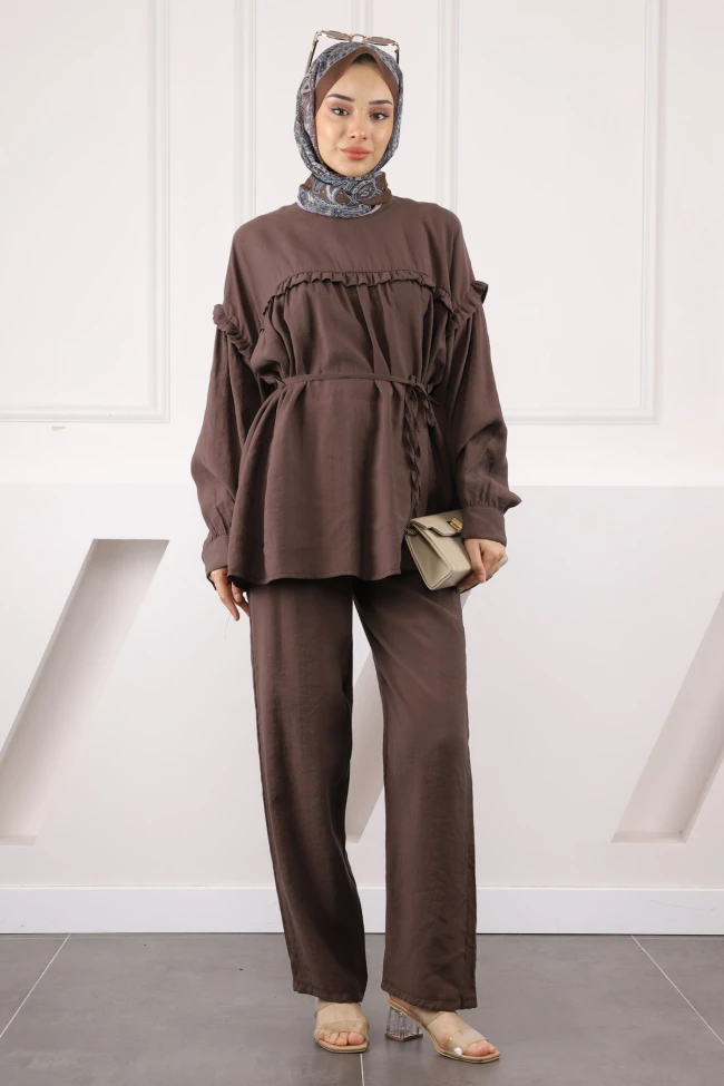 Kahverengi Beli İpli Tunik Pantolonlu Modal Takım