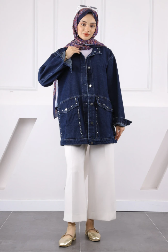 Koyu Mavi Taşlı Kot Ceket
