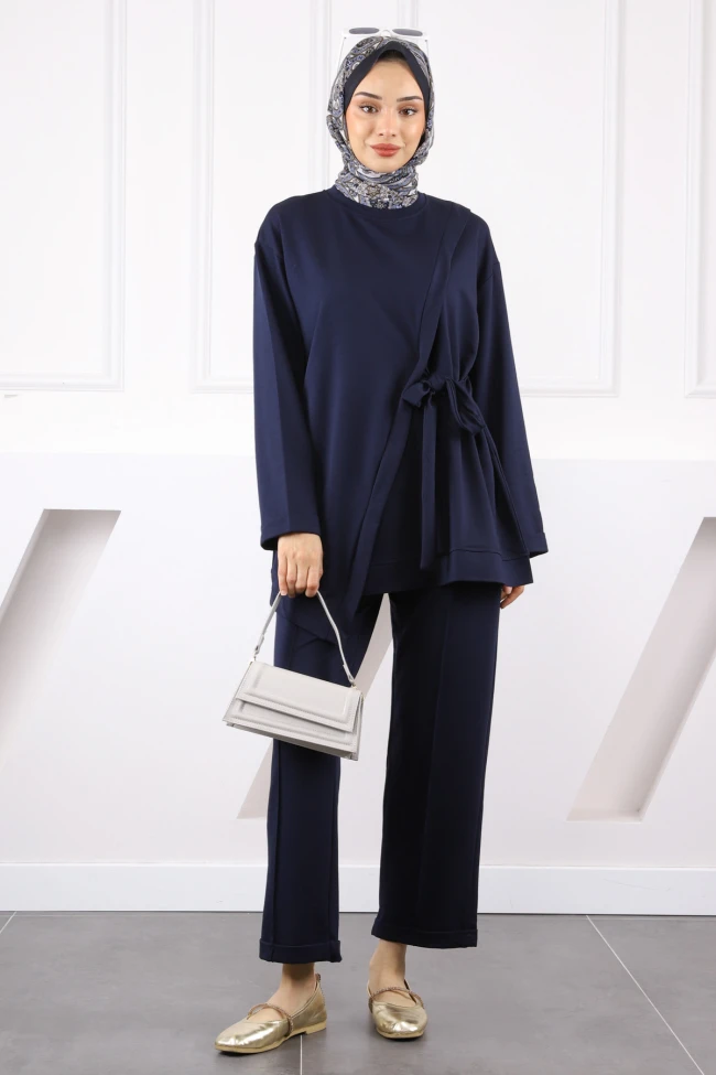 Lacivert Asimetrik Detaylı Tunik PantolonluTakım