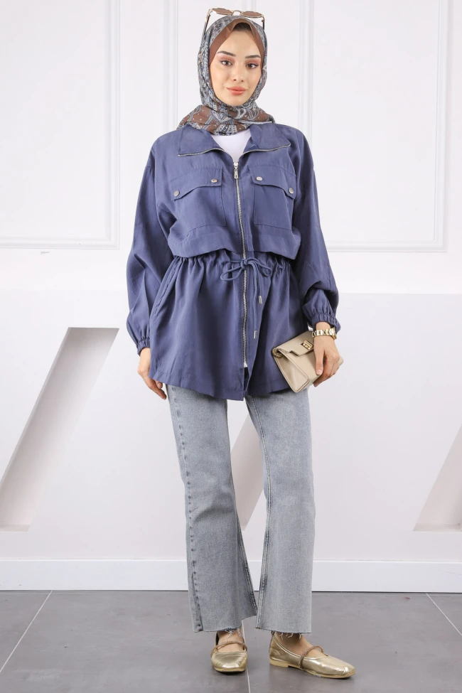 Lacivert Bel Bağlamalı Çift Cepli Trençkot