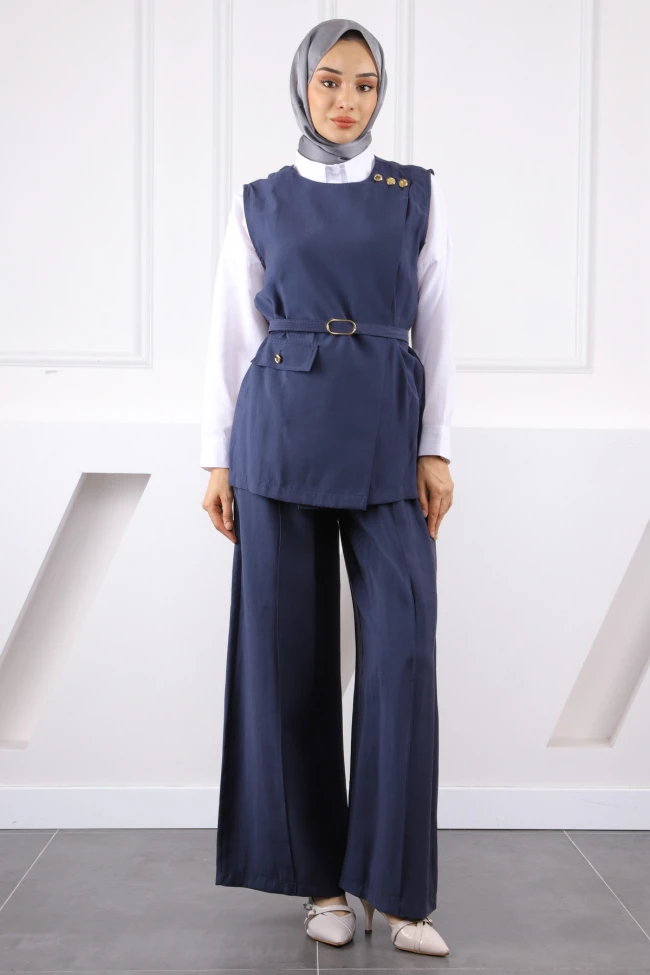 Lacivert Bel Kemerli Yelek Pantolonlu Takım