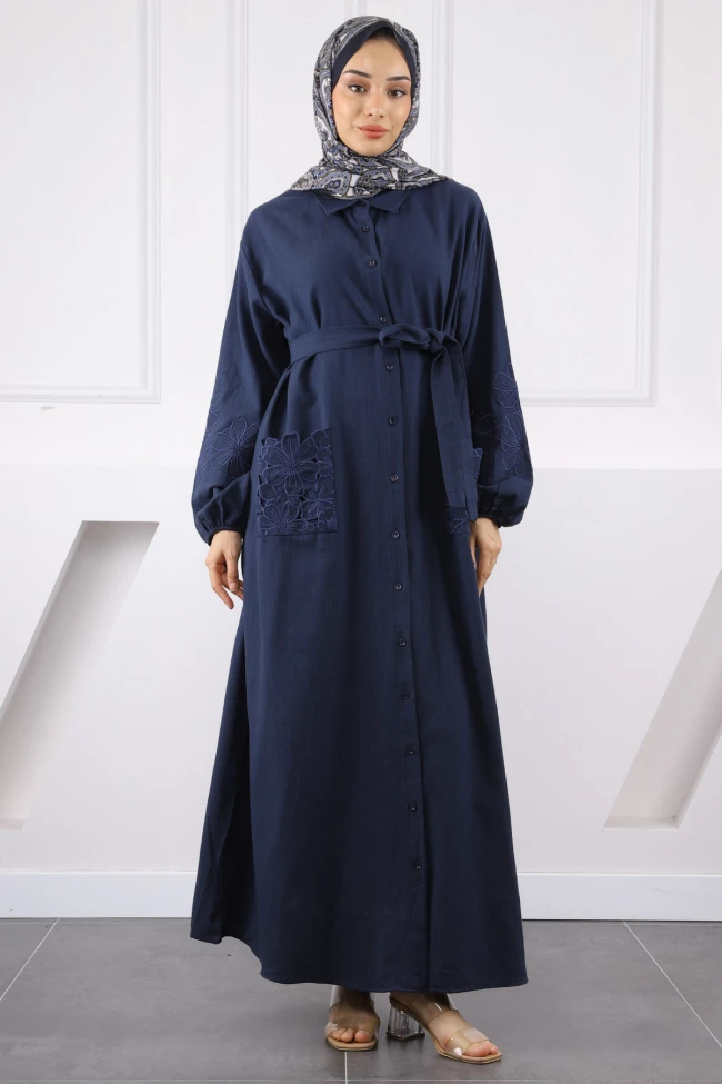 Lacivert Cepli Çiçek Nakışlı Elbise