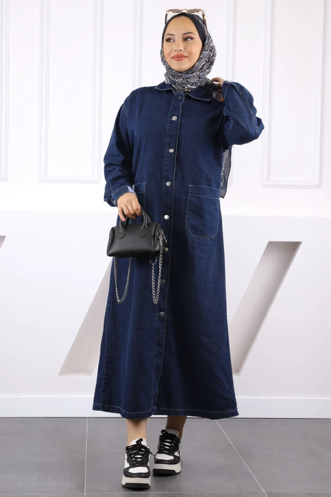 Lacivert Cepli Düğmeli Kot Kap