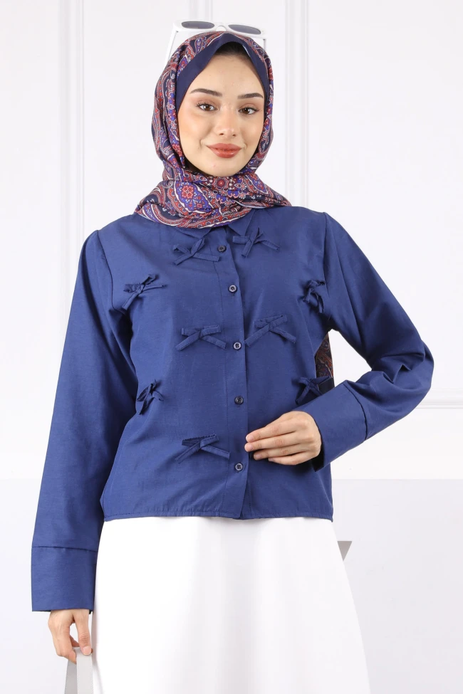 Lacivert Fiyonklu Ön Düğmeli Gömlek