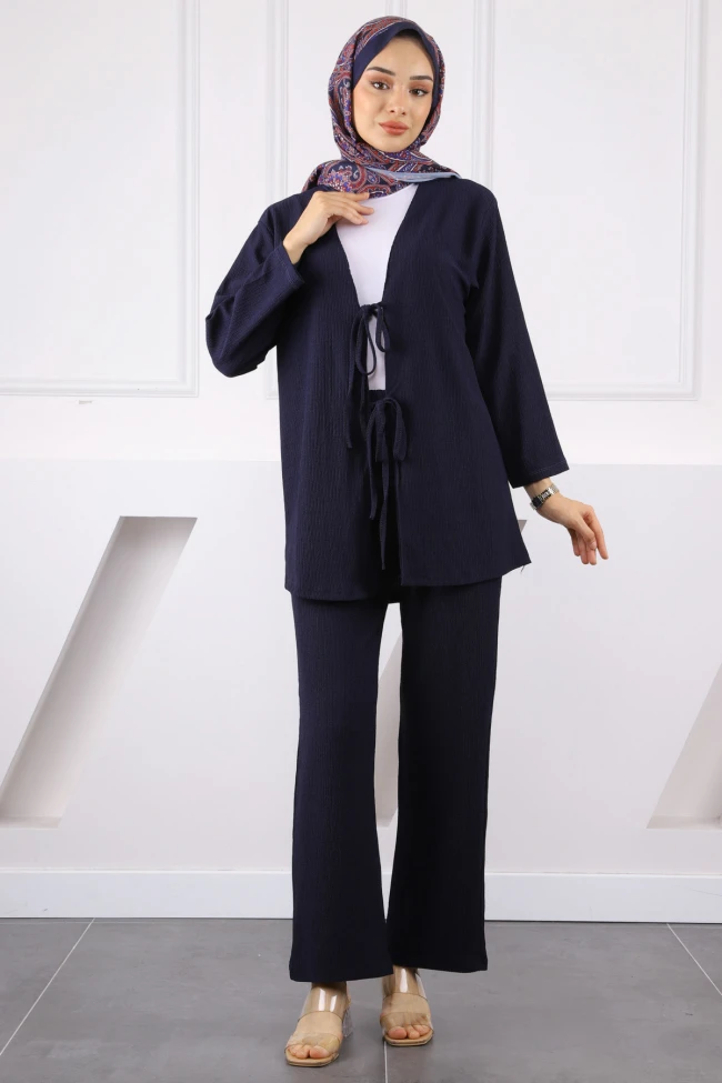 Lacivert Ön Bağlamalı Bürümcük Kimono Pantolonlu Takım