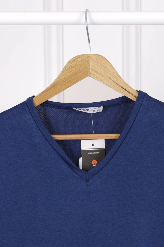 Lacivert V Yaka Kısa Kol T-Shirt