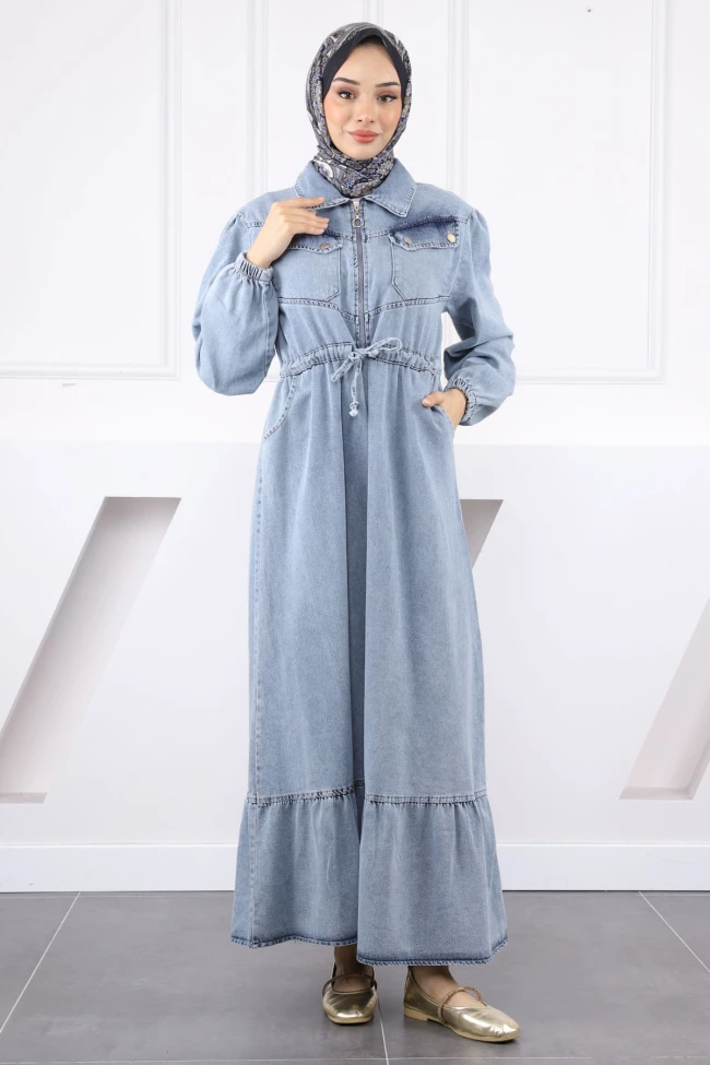 Mavi Bel Bağlamalı Ön Fermuarlı Kot Elbise