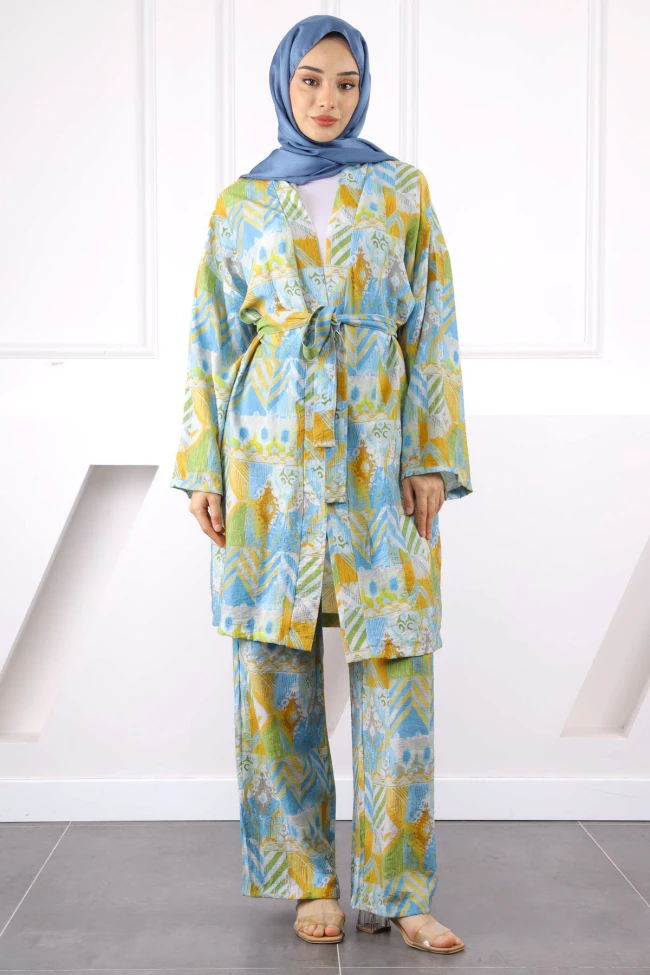 Mavi Desenli Kimono Pantolonlu Takım