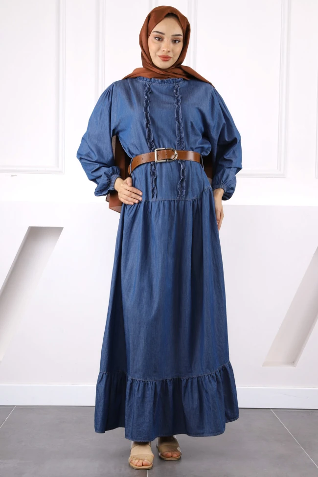 Mavi Kol Lastikli Eteği Katlı Kemerli Elbise