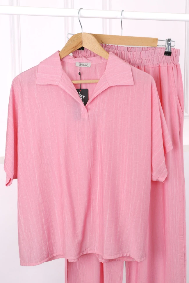 Pembe Düşük Omuz Gömlek Pantolonlu Keten Takım