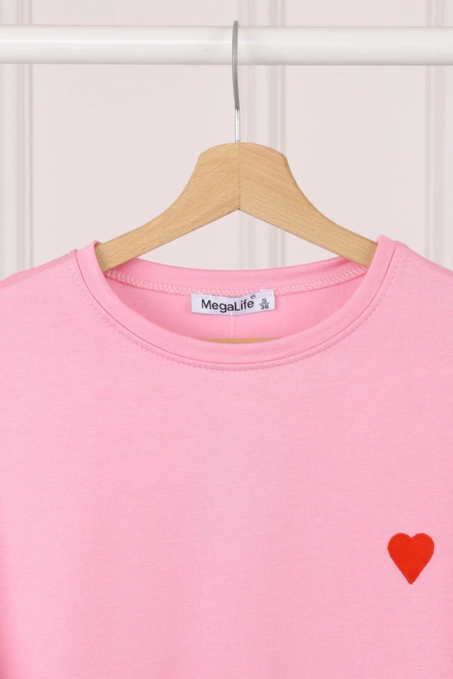 Pembe Nakışlı Kısa Kol Modal T-Shirt