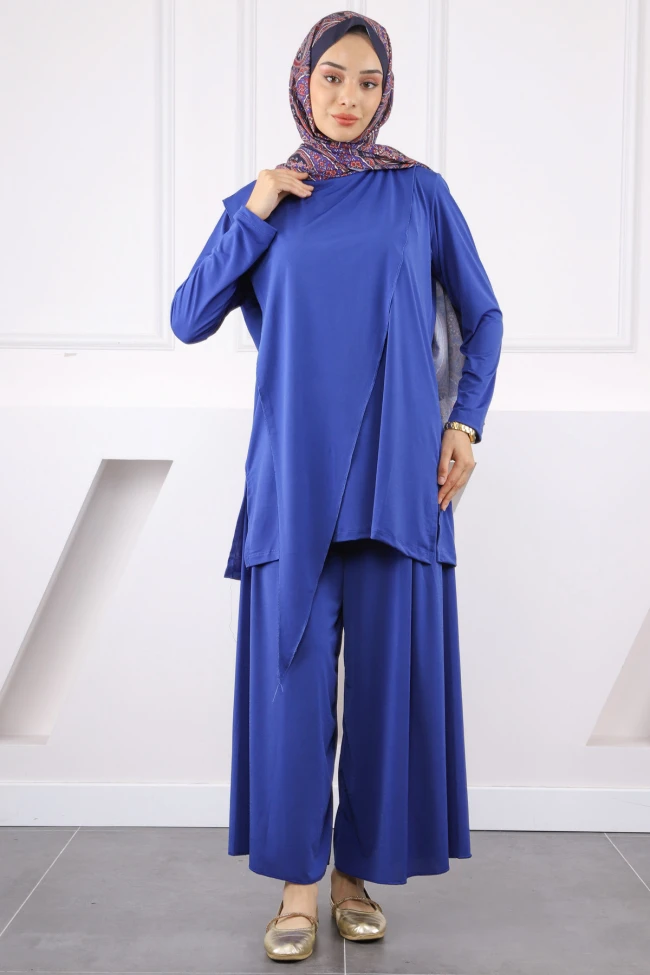 Saks Mavi Ön Detaylı Sandy Tunik Pantolon Takım