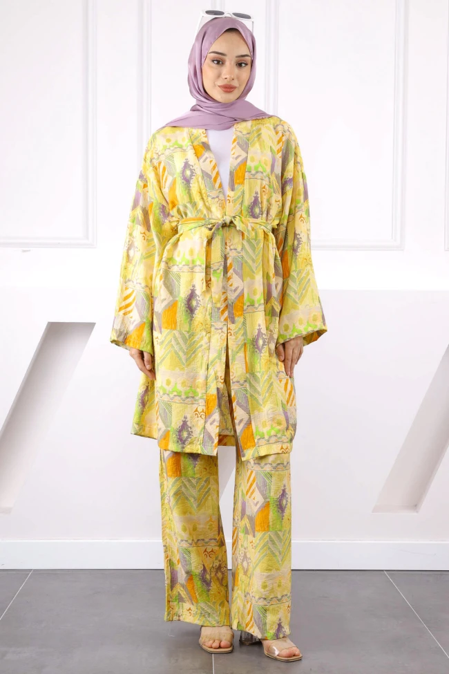 Sarı Desenli Kimono Pantolonlu Takım