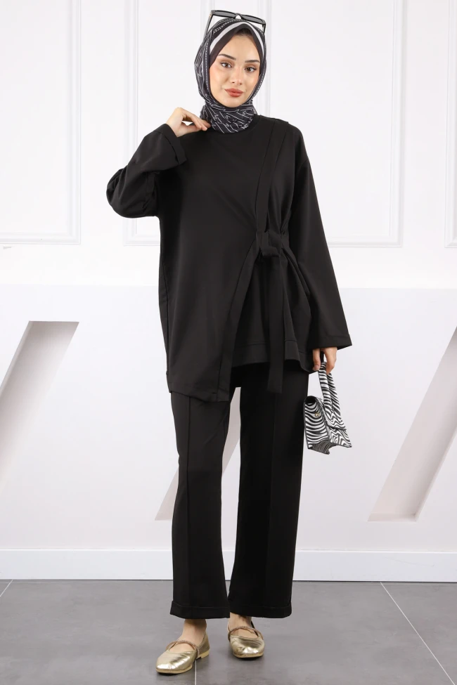 Siyah Asimetrik Detaylı Tunik PantolonluTakım