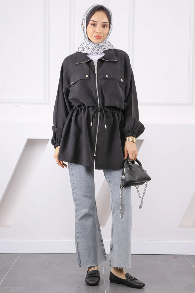 Siyah Bel Bağlamalı Çift Cepli Trençkot