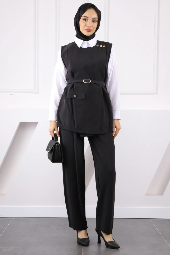 Siyah Bel Kemerli Yelek Pantolonlu Takım