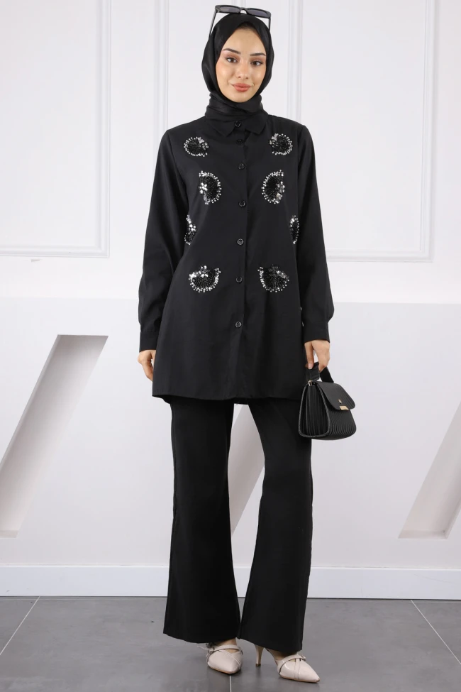 Siyah Boncuk İşlemeli Tunik Pantolonlu Takım