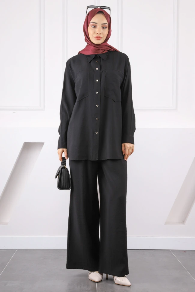 Siyah Cepli Modal Tunik Pantolonlu Takım