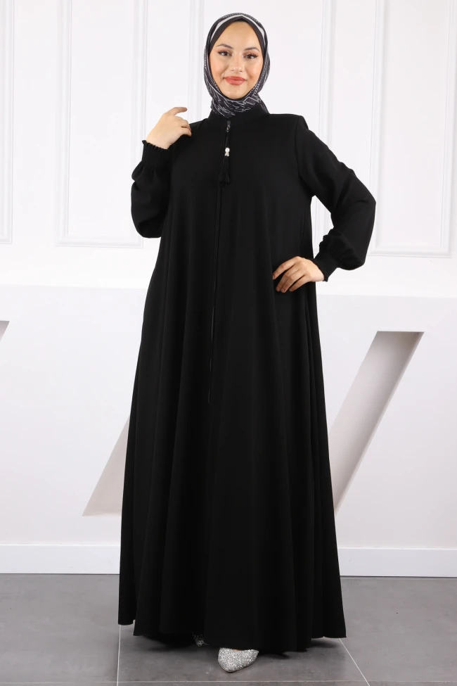 Siyah Kol Lastikli Fermuarlı Ferace