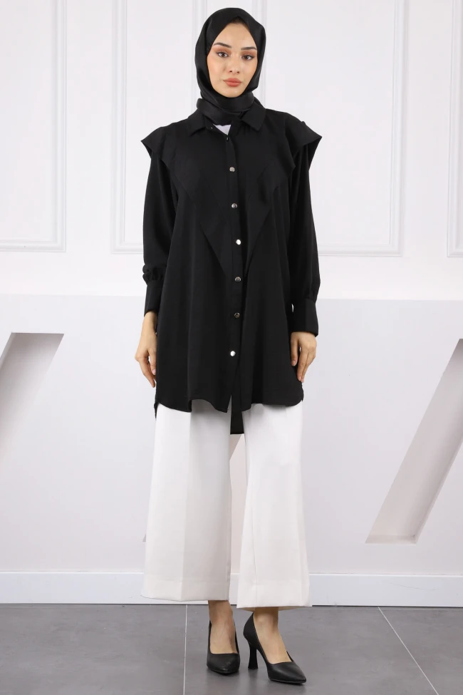 Siyah Ön Detaylı Kol Bağlamalı Tunik