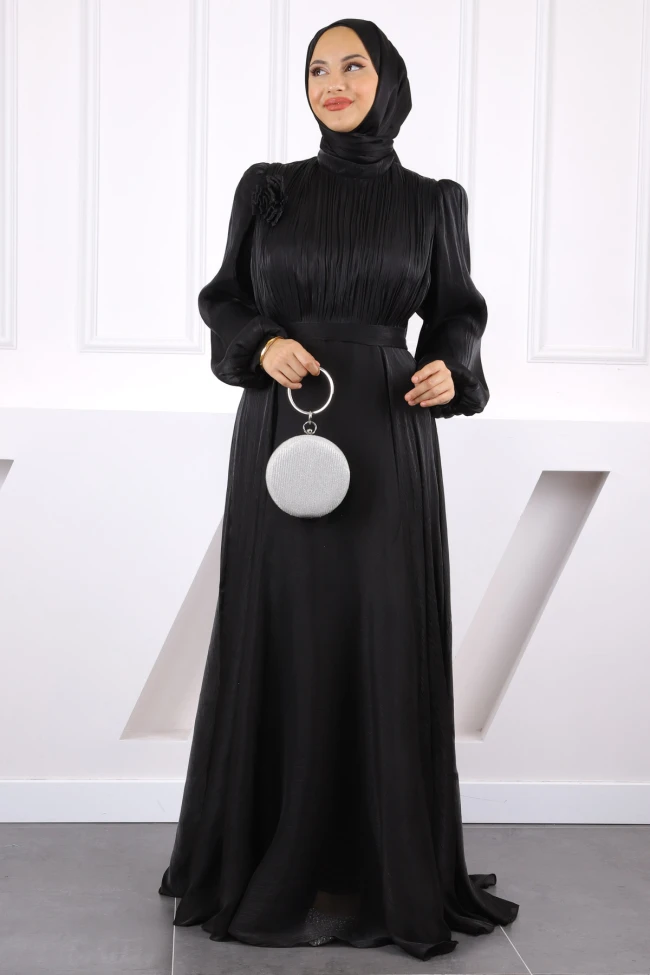 Siyah Önü Drapeli Kemerli Şifon Abiye