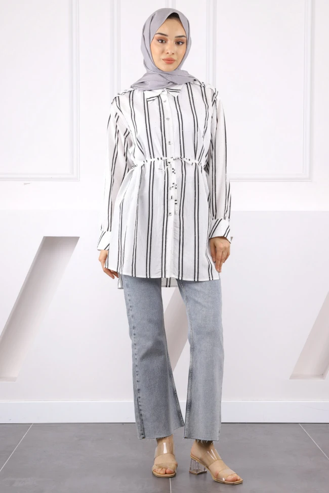 Siyah Taş Detaylı Çizgili Tunik