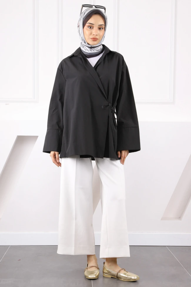 Siyah Yandan Bağlamalı Kimono