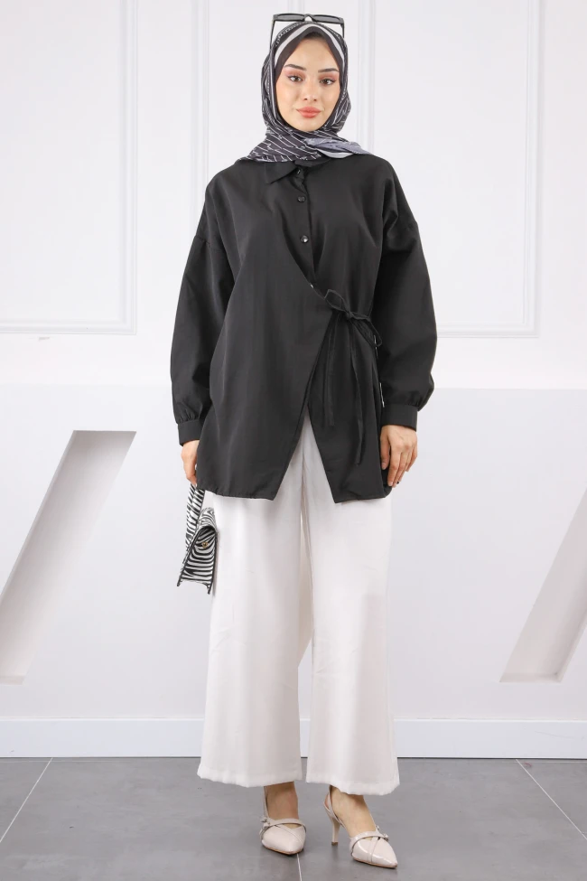 Siyah Yandan Bağlamalı Modal Tunik