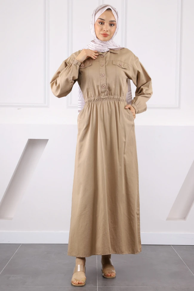 Taş Bel Lastikli Cepli Gabardin Elbise